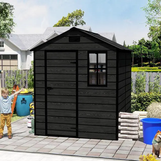 Main image of Campcraft 6*6ft resin storage shed, high quality pp material, strong structure, waterproof, rust and UV proof, large storage space, 12mm thick pp board, HD window lighting Black wood grain color
