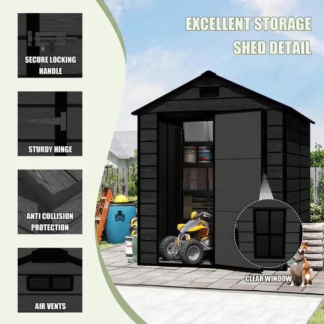 Alt view image 2 of 7 - Campcraft 6*6ft resin storage shed, high quality pp material, strong structure, waterproof, rust and UV proof, large storage space, 12mm thick pp board, HD window lighting Black wood grain color