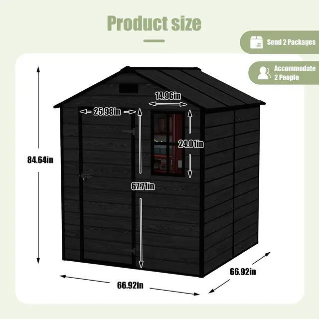 Alt view image 6 of 7 - Campcraft 6*6ft resin storage shed, high quality pp material, strong structure, waterproof, rust and UV proof, large storage space, 12mm thick pp board, HD window lighting Black wood grain color