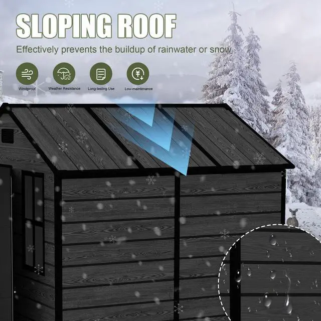 Alt view image 4 of 7 - Campcraft 6*6ft resin storage shed, high quality pp material, strong structure, waterproof, rust and UV proof, large storage space, 12mm thick pp board, HD window lighting Black wood grain color