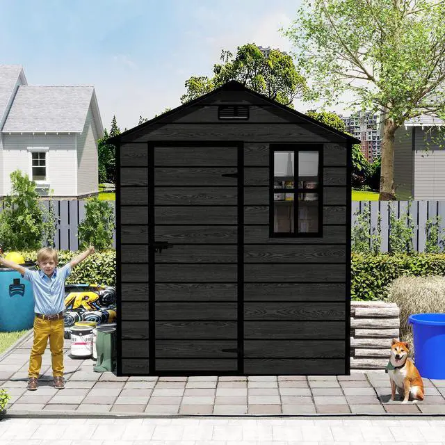 Alt view image 7 of 7 - Campcraft 6*6ft resin storage shed, high quality pp material, strong structure, waterproof, rust and UV proof, large storage space, 12mm thick pp board, HD window lighting Black wood grain color