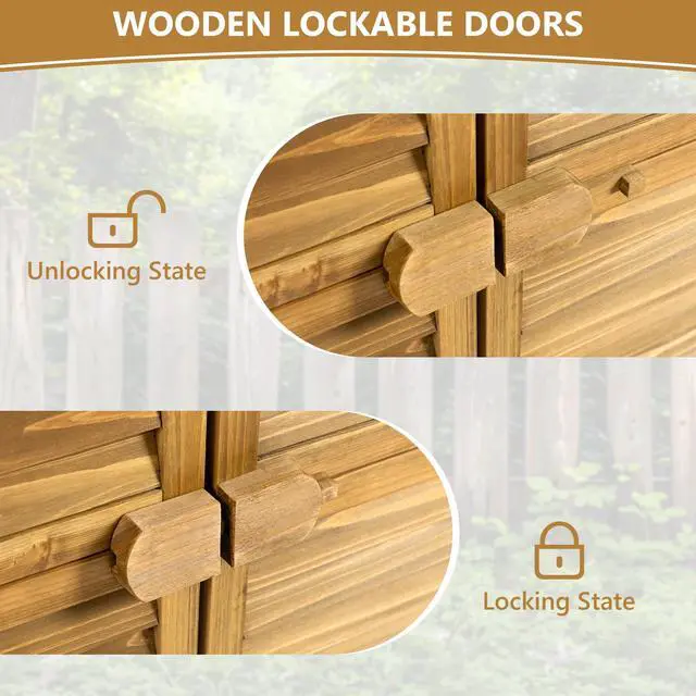 Alt view image 6 of 7 - Outdoor Storage Cabinet, Wood Garden Shed, Pool Storage Shed with Lockable Door, Waterproof Roof and 2 Removable Shelves, Vertical Outside Storage Shed for Patio, Backyard and Lawn