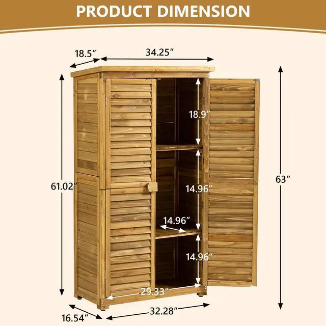 Alt view image 2 of 7 - Outdoor Storage Cabinet, Wood Garden Shed, Pool Storage Shed with Lockable Door, Waterproof Roof and 2 Removable Shelves, Vertical Outside Storage Shed for Patio, Backyard and Lawn