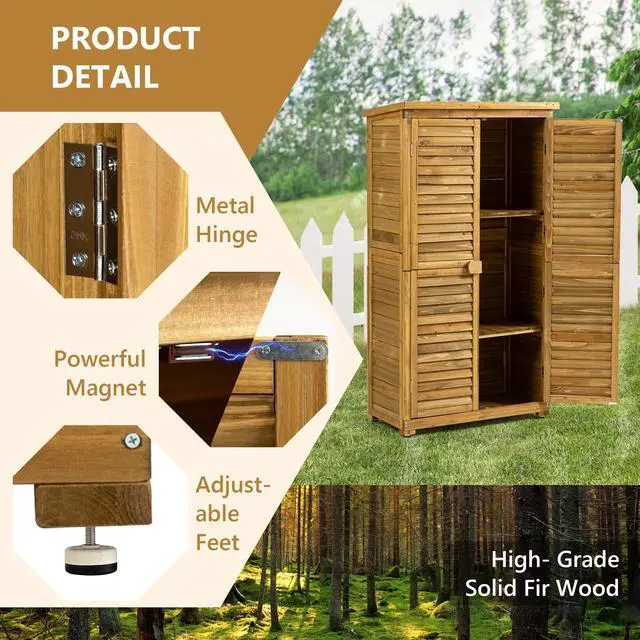 Alt view image 5 of 7 - Outdoor Storage Cabinet, Wood Garden Shed, Pool Storage Shed with Lockable Door, Waterproof Roof and 2 Removable Shelves, Vertical Outside Storage Shed for Patio, Backyard and Lawn