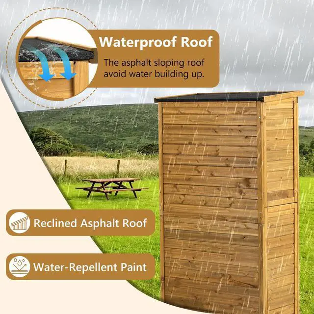 Alt view image 3 of 7 - Outdoor Storage Cabinet, Wood Garden Shed, Pool Storage Shed with Lockable Door, Waterproof Roof and 2 Removable Shelves, Vertical Outside Storage Shed for Patio, Backyard and Lawn