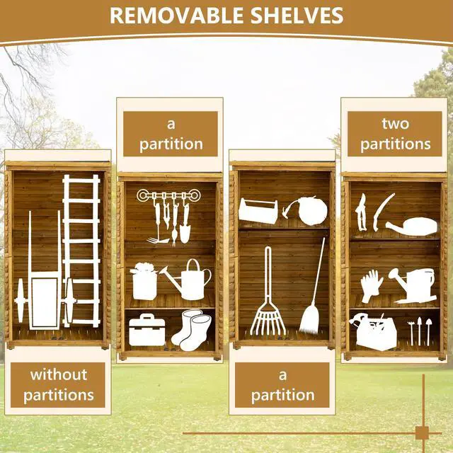 Alt view image 4 of 7 - Outdoor Storage Cabinet, Wood Garden Shed, Pool Storage Shed with Lockable Door, Waterproof Roof and 2 Removable Shelves, Vertical Outside Storage Shed for Patio, Backyard and Lawn