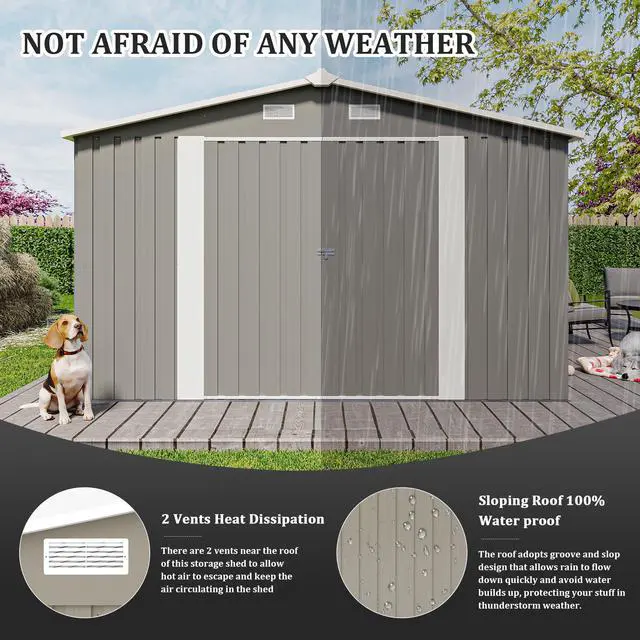 Alt view image 3 of 7 - Campcraft  Outdoor Storage Shed 10×14 FT with 3 Lockable Doors,Utility Tool Shed Metal Storage Garden Sheds  Frame and 4 Vents,for Backyard,Patio,Lawn,Light Grey