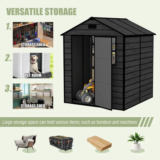 Alt view image 5 of 7 - Campcraft 6*6ft resin storage shed, high quality pp material, strong structure, waterproof, rust and UV proof, large storage space, 12mm thick pp board, HD window lighting Black wood grain color