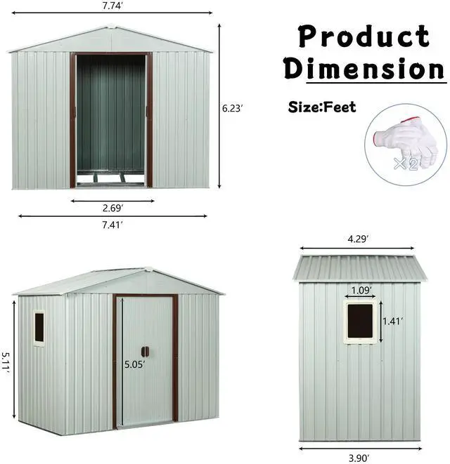 Alt view image 7 of 7 - 8ft x 4ft Outdoor Metal Storage Shed With window and metal foundation White