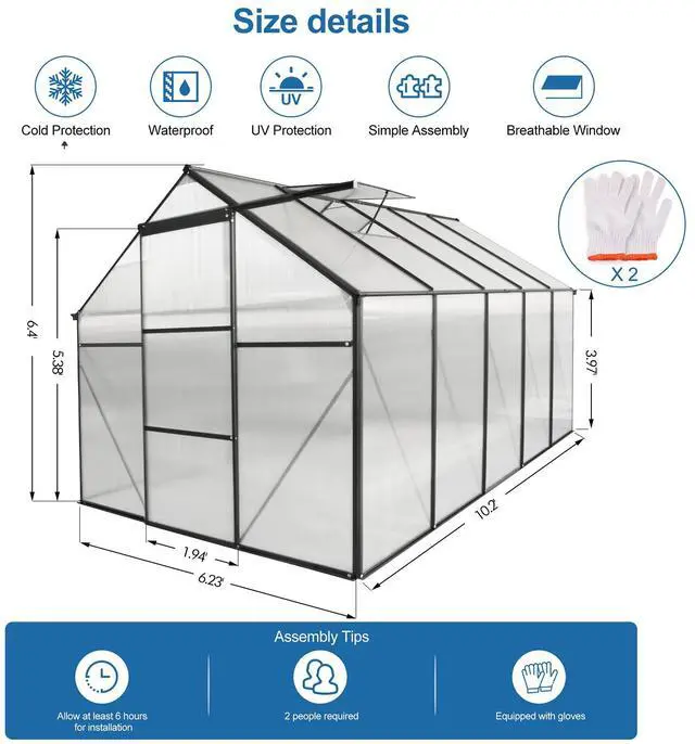 Alt view image 7 of 7 - 6x10 FT Polycarbonate Greenhouse Raised Base and Anchor Aluminum Heavy Duty Walk-in Greenhouses for Outdoor Backyard in All Season