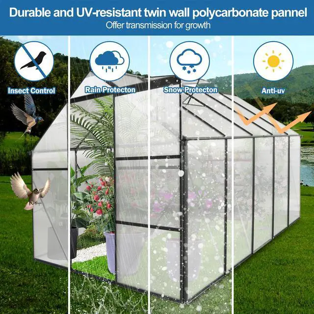 Alt view image 6 of 7 - 6x10 FT Polycarbonate Greenhouse Raised Base and Anchor Aluminum Heavy Duty Walk-in Greenhouses for Outdoor Backyard in All Season