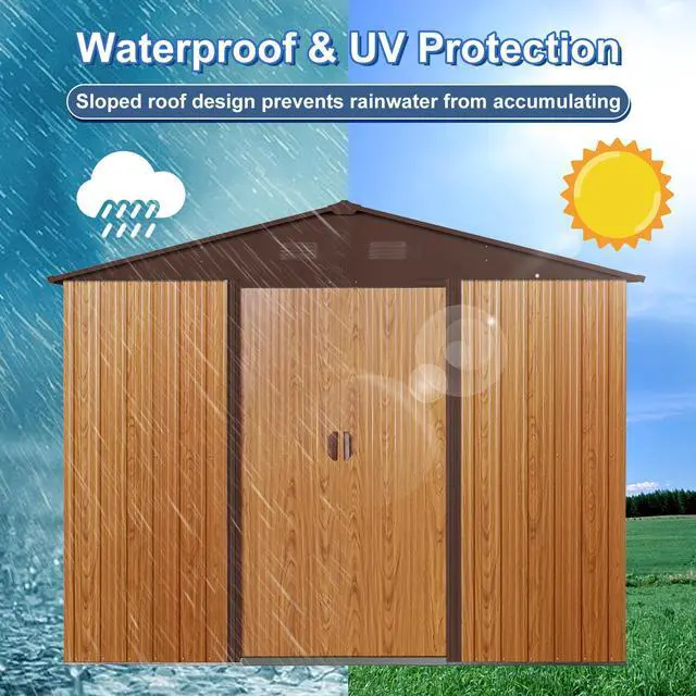 Alt view image 3 of 7 - 8ft x 10ft Outdoor Metal Storage Shed with Metal Foundation,Coffee