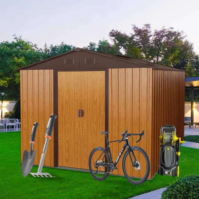 Alt view image 2 of 7 - 8ft x 10ft Outdoor Metal Storage Shed with Metal Foundation,Coffee