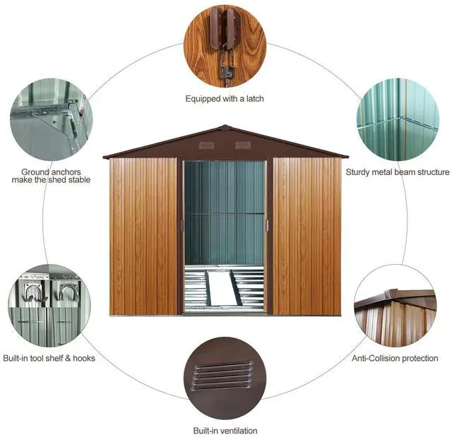 Alt view image 7 of 7 - 8ft x 10ft Outdoor Metal Storage Shed with Metal Foundation,Coffee
