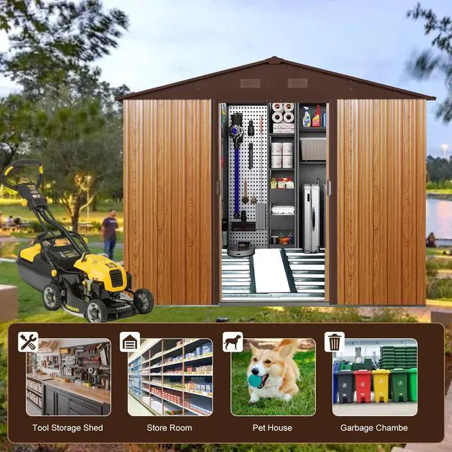 Alt view image 6 of 7 - 8ft x 10ft Outdoor Metal Storage Shed with Metal Foundation,Coffee