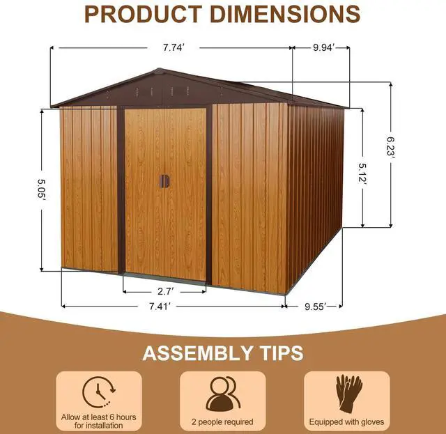 Alt view image 5 of 7 - 8ft x 10ft Outdoor Metal Storage Shed with Metal Foundation,Coffee