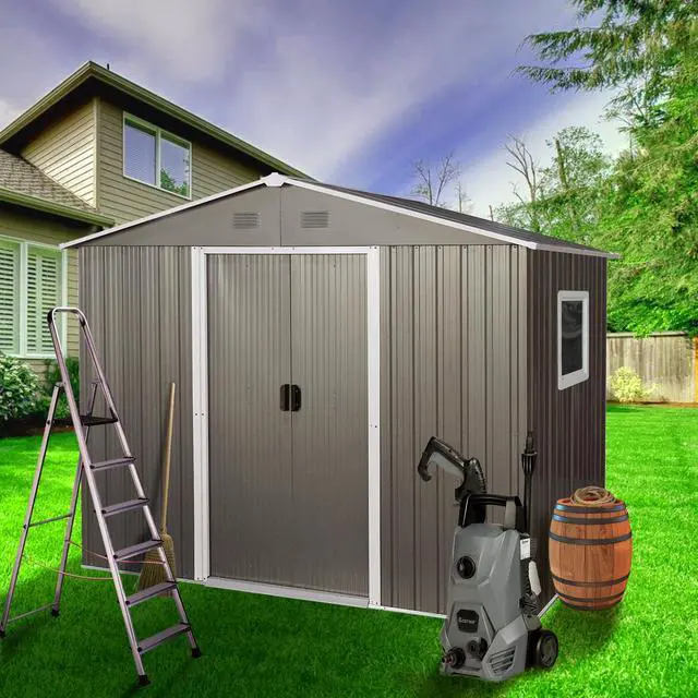 Alt view image 4 of 7 - 8ft x 6ft Outdoor Metal Storage Shed with Window Grey(W540S00016)