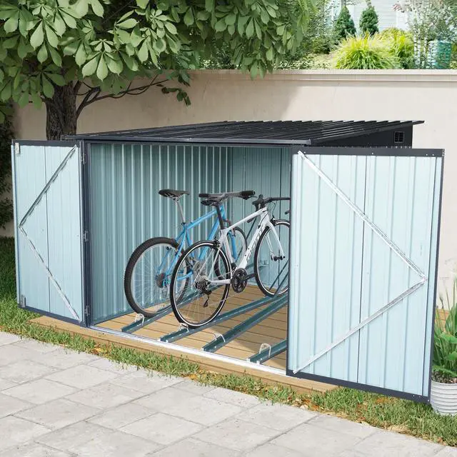 Alt view image 2 of 7 - Outdoor Steel Storage Shed For Bicycle with Slope Roof and 4 Bike Tracks, black