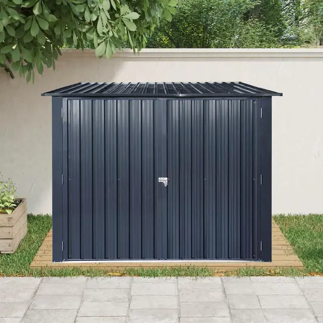 Alt view image 3 of 7 - Outdoor Steel Storage Shed For Bicycle with Slope Roof and 4 Bike Tracks, black