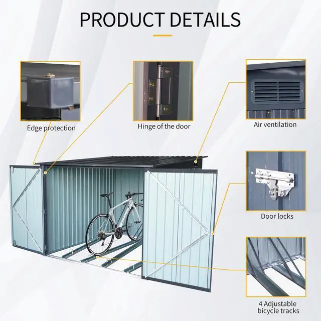 Alt view image 6 of 7 - Outdoor Steel Storage Shed For Bicycle with Slope Roof and 4 Bike Tracks, black