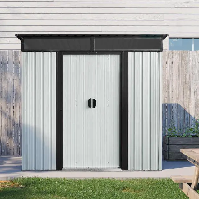 Alt view image 6 of 7 - 6ft x 5ft Outdoor Metal Storage Shed with Lockable Sliding Doors and Transparent plate for Garden, Lawn ( White and Black  )