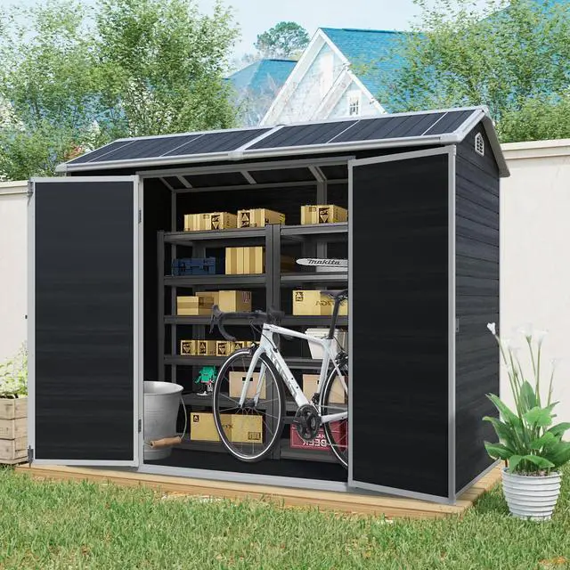 Main image of 8 ft x 4 ft Outdoor Storage Shed with Two-Window and Double-Door, Plastic Shed with Floor for Gargen,Patio,Yard,Lawn,Black (W540S00046)