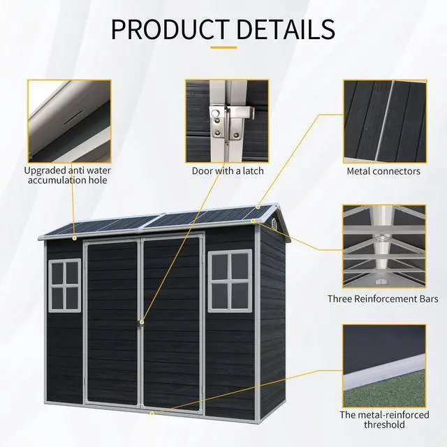 Alt view image 3 of 7 - 8 ft x 4 ft Outdoor Storage Shed with Two-Window and Double-Door, Plastic Shed with Floor for Gargen,Patio,Yard,Lawn,Black (W540S00046)