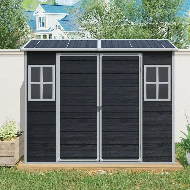 Alt view image 2 of 7 - 8 ft x 4 ft Outdoor Storage Shed with Two-Window and Double-Door, Plastic Shed with Floor for Gargen,Patio,Yard,Lawn,Black (W540S00046)