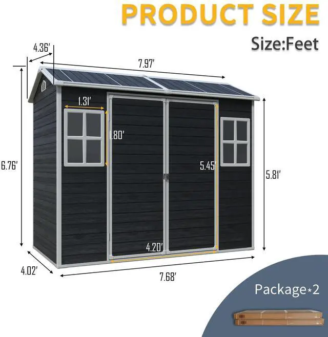 Alt view image 5 of 7 - 8 ft x 4 ft Outdoor Storage Shed with Two-Window and Double-Door, Plastic Shed with Floor for Gargen,Patio,Yard,Lawn,Black (W540S00046)