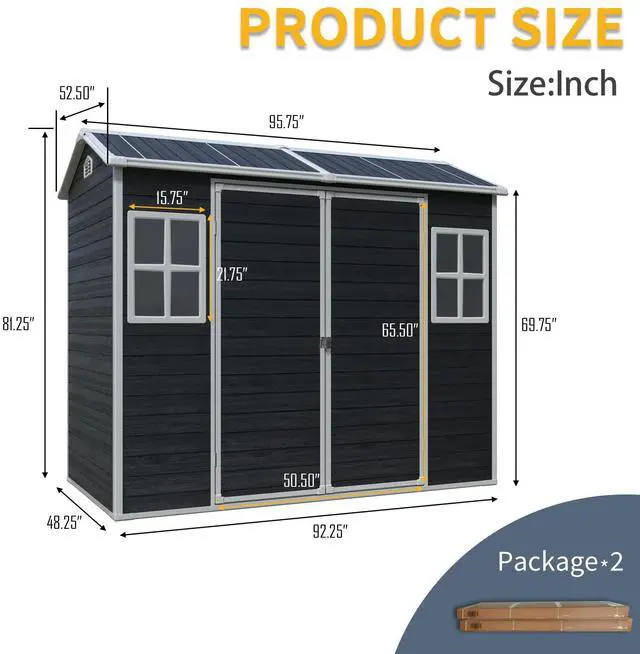 Alt view image 4 of 7 - 8 ft x 4 ft Outdoor Storage Shed with Two-Window and Double-Door, Plastic Shed with Floor for Gargen,Patio,Yard,Lawn,Black (W540S00046)