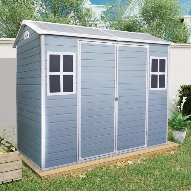 Main image of 8 ft x 4 ft Outdoor Storage Shed with Two-Window and Double-Door, Plastic Shed with Floor for Gargen,Patio,Yard,Lawn,gray (W540S00045)