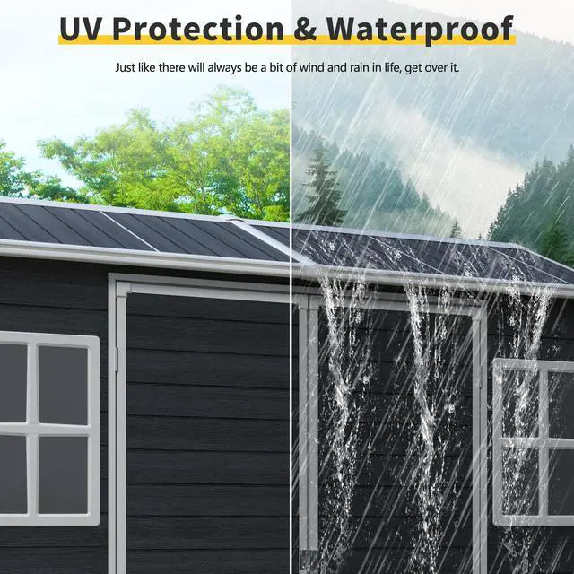 Alt view image 7 of 7 - 8 ft x 4 ft Outdoor Storage Shed with Two-Window and Double-Door, Plastic Shed with Floor for Gargen,Patio,Yard,Lawn,Black (W540S00046)