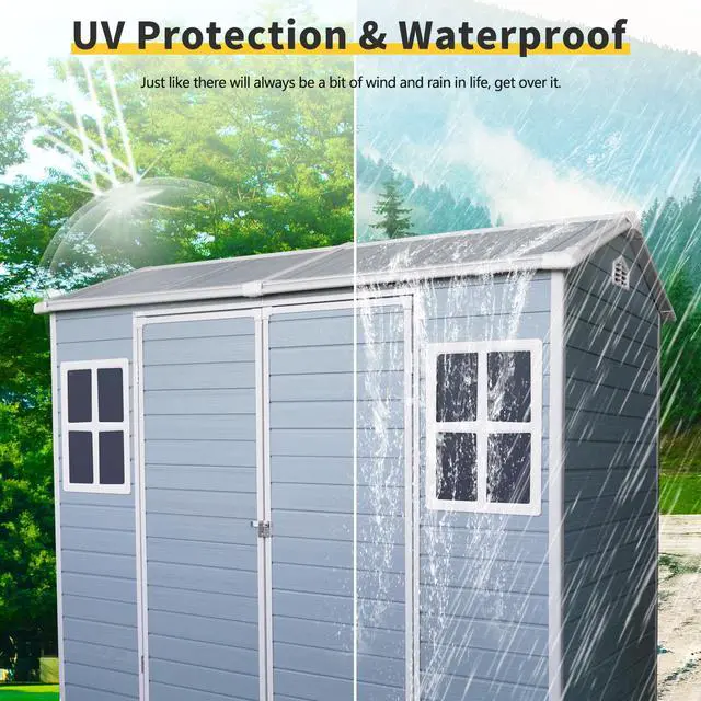 Alt view image 3 of 7 - 8 ft x 4 ft Outdoor Storage Shed with Two-Window and Double-Door, Plastic Shed with Floor for Gargen,Patio,Yard,Lawn,gray (W540S00045)