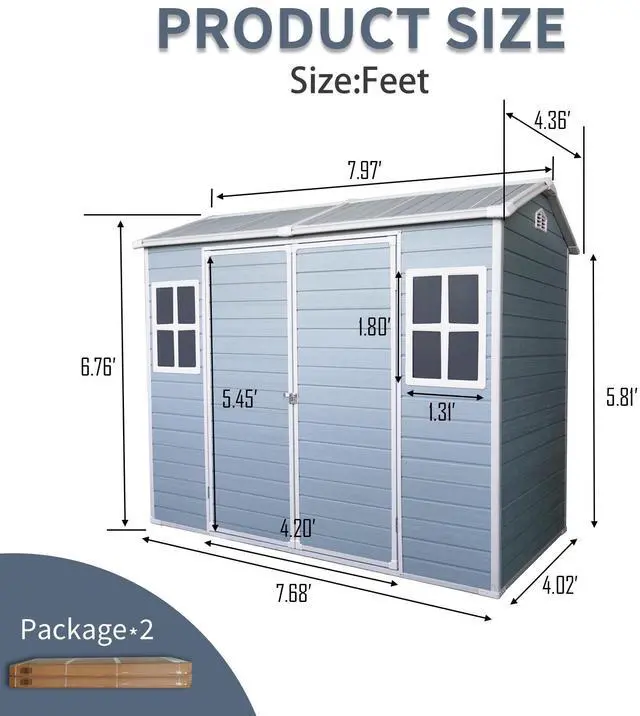 Alt view image 5 of 7 - 8 ft x 4 ft Outdoor Storage Shed with Two-Window and Double-Door, Plastic Shed with Floor for Gargen,Patio,Yard,Lawn,gray (W540S00045)