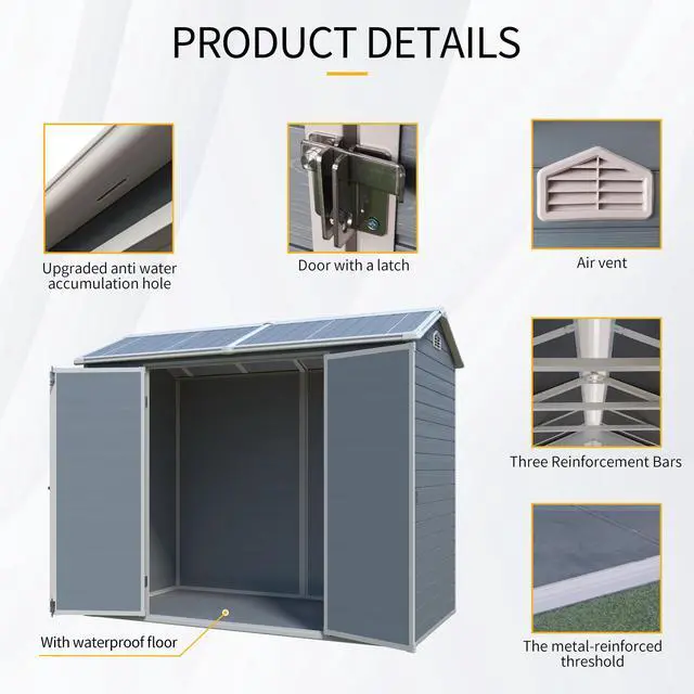 Alt view image 6 of 7 - 8 ft x 4 ft Outdoor Storage Shed with Two-Window and Double-Door, Plastic Shed with Floor for Gargen,Patio,Yard,Lawn,gray (W540S00045)
