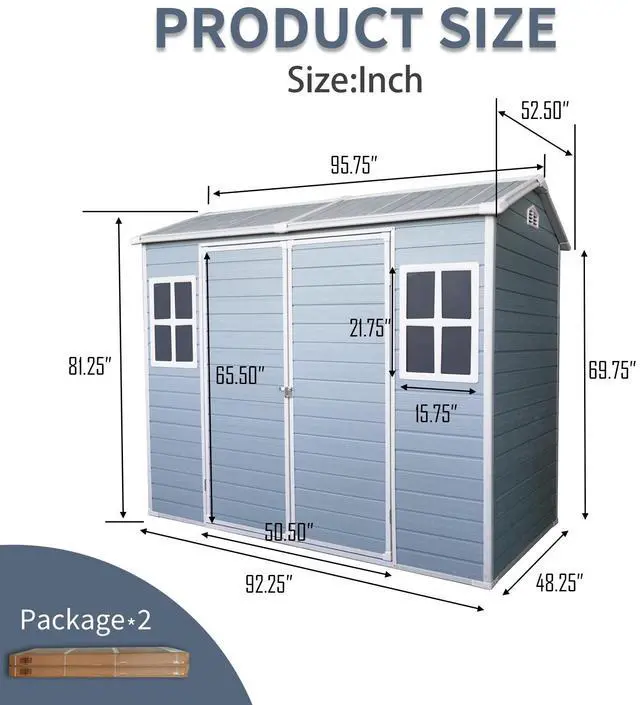 Alt view image 4 of 7 - 8 ft x 4 ft Outdoor Storage Shed with Two-Window and Double-Door, Plastic Shed with Floor for Gargen,Patio,Yard,Lawn,gray (W540S00045)