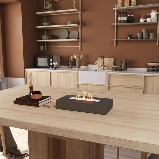 Alt view image 2 of 6 - 13.7 in. x 5.5 in. Bio-Ethanol Ventless Fireplace in Glass/Black Metal for Indoor/Outdoor, Smokeless Tabletop Fire Pit