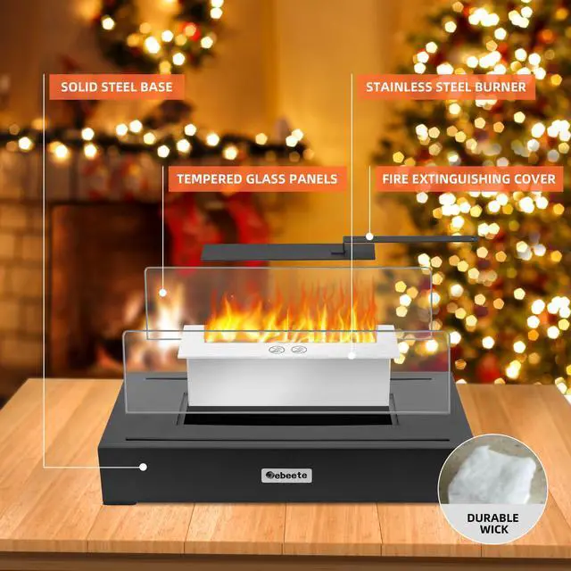 Alt view image 5 of 6 - 13.7 in. x 5.5 in. Bio-Ethanol Ventless Fireplace in Glass/Black Metal for Indoor/Outdoor, Smokeless Tabletop Fire Pit