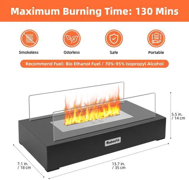 Alt view image 4 of 6 - 13.7 in. x 5.5 in. Bio-Ethanol Ventless Fireplace in Glass/Black Metal for Indoor/Outdoor, Smokeless Tabletop Fire Pit