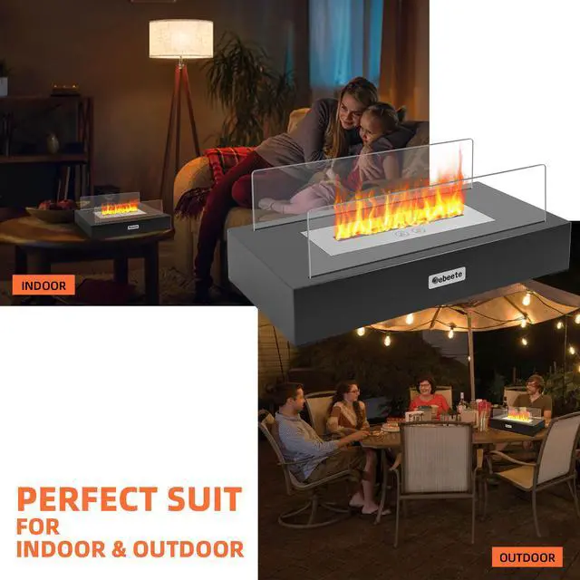 Alt view image 6 of 6 - 13.7 in. x 5.5 in. Bio-Ethanol Ventless Fireplace in Glass/Black Metal for Indoor/Outdoor, Smokeless Tabletop Fire Pit