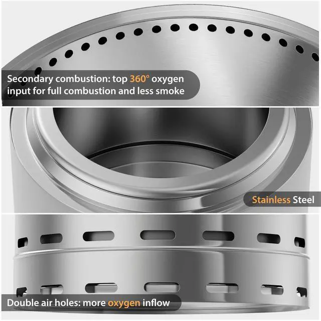 Alt view image 5 of 6 - 15" Smokeless Fire Pit, Portable Outdoor Firepit, Wood Burning Fireplaces, Low Smoke Bonfire for Camping, Patio and Outside