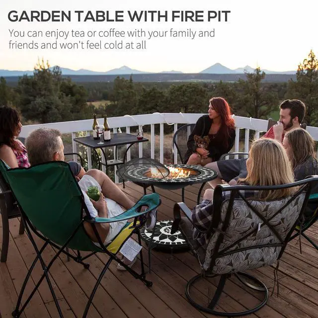 Alt view image 2 of 7 - 30" Outdoor Fire Pit Dining Table, 3-in-1 Round Wood Burning Fire Pit Bowl, Patio Ice Bucket with Storage Shelf, Spark Screen Cover for BBQ, Bonfire, Camping, Mosaic
