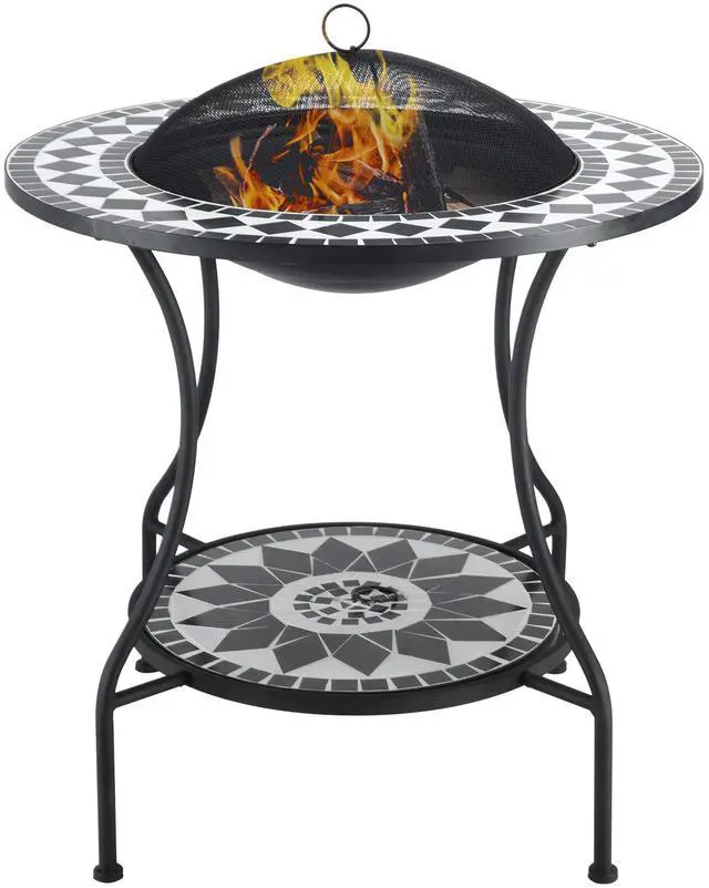 Main image of 30" Outdoor Fire Pit Dining Table, 3-in-1 Round Wood Burning Fire Pit Bowl, Patio Ice Bucket with Storage Shelf, Spark Screen Cover for BBQ, Bonfire, Camping, Mosaic