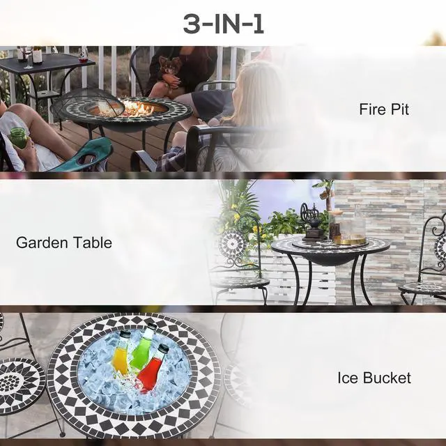 Alt view image 3 of 7 - 30" Outdoor Fire Pit Dining Table, 3-in-1 Round Wood Burning Fire Pit Bowl, Patio Ice Bucket with Storage Shelf, Spark Screen Cover for BBQ, Bonfire, Camping, Mosaic