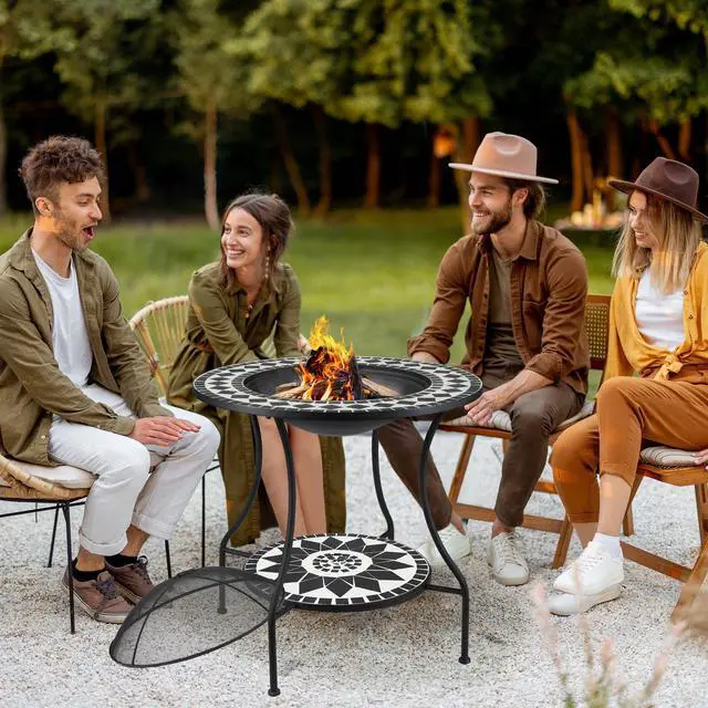 Alt view image 4 of 7 - 30" Outdoor Fire Pit Dining Table, 3-in-1 Round Wood Burning Fire Pit Bowl, Patio Ice Bucket with Storage Shelf, Spark Screen Cover for BBQ, Bonfire, Camping, Mosaic