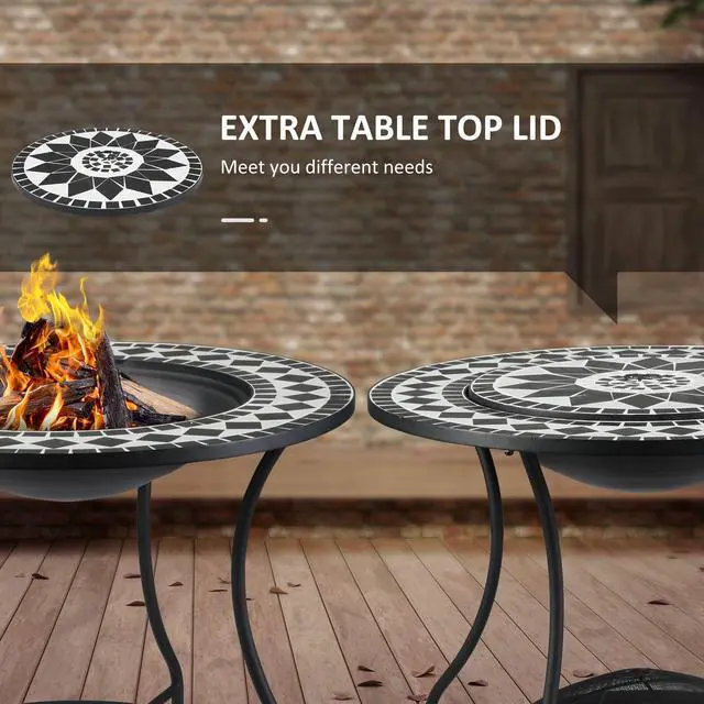 Alt view image 6 of 7 - 30" Outdoor Fire Pit Dining Table, 3-in-1 Round Wood Burning Fire Pit Bowl, Patio Ice Bucket with Storage Shelf, Spark Screen Cover for BBQ, Bonfire, Camping, Mosaic