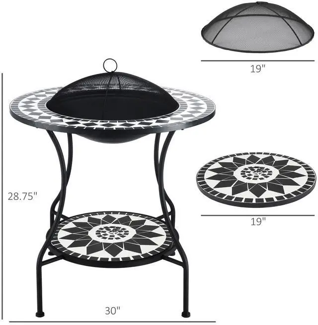 Alt view image 5 of 7 - 30" Outdoor Fire Pit Dining Table, 3-in-1 Round Wood Burning Fire Pit Bowl, Patio Ice Bucket with Storage Shelf, Spark Screen Cover for BBQ, Bonfire, Camping, Mosaic