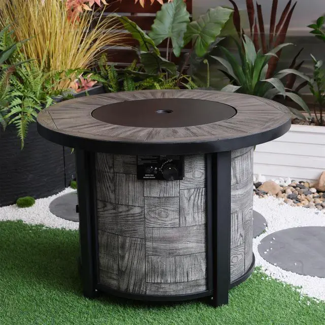 Alt view image 2 of 7 - Outdoor Propane Fire Pit, Square Stonecrest Gas Fire Pit for Outside Patio, Concrete Propane Fire Table 50,000 BTU Gas Fire Pit w Lava Rocks, Waterproof Cover