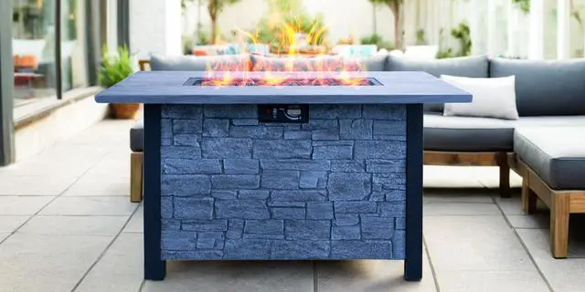 Alt view image 2 of 6 - 44" W x 25" H Outdoor Patio Propane Gas Fire Pit Table - 50,000 BTU High-temperature-resistant carving process for environmentally friendly materials with the effect of cultured stone