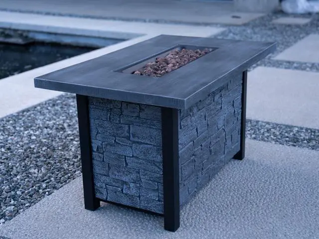 Alt view image 5 of 6 - 44" W x 25" H Outdoor Patio Propane Gas Fire Pit Table - 50,000 BTU High-temperature-resistant carving process for environmentally friendly materials with the effect of cultured stone